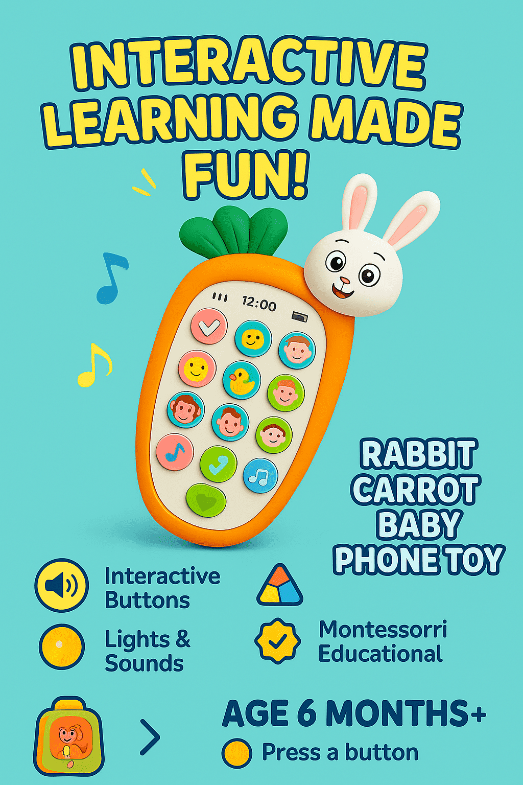 Rabbit Intelligent Baby Cell Phone – Musical Educational Toy for Toddlers | Montessori Pretend Play Phone with Lights & Sounds (Ages 6 Months+)